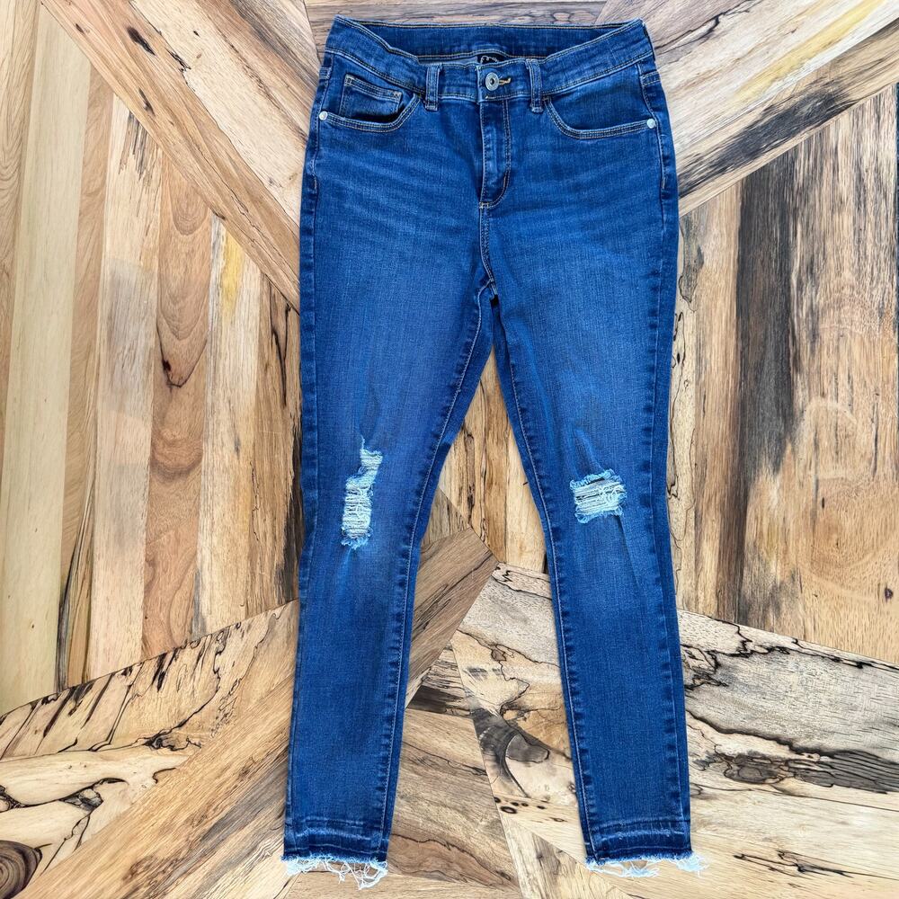 Art Class Girls Distressed Skinny Jeans Size 14 Medium Wash Raw Frayed Hem